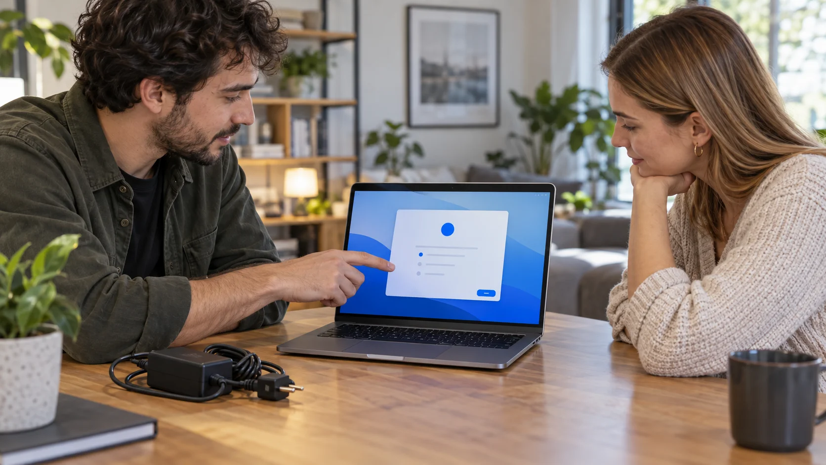 Cumpărător care verifică setările unui laptop folosit împreună cu vânzătorul