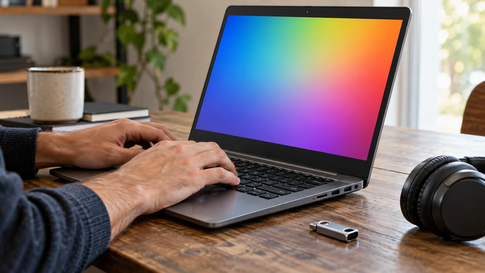 Persoană care testează ecranul tastatura și porturile unui laptop folosit