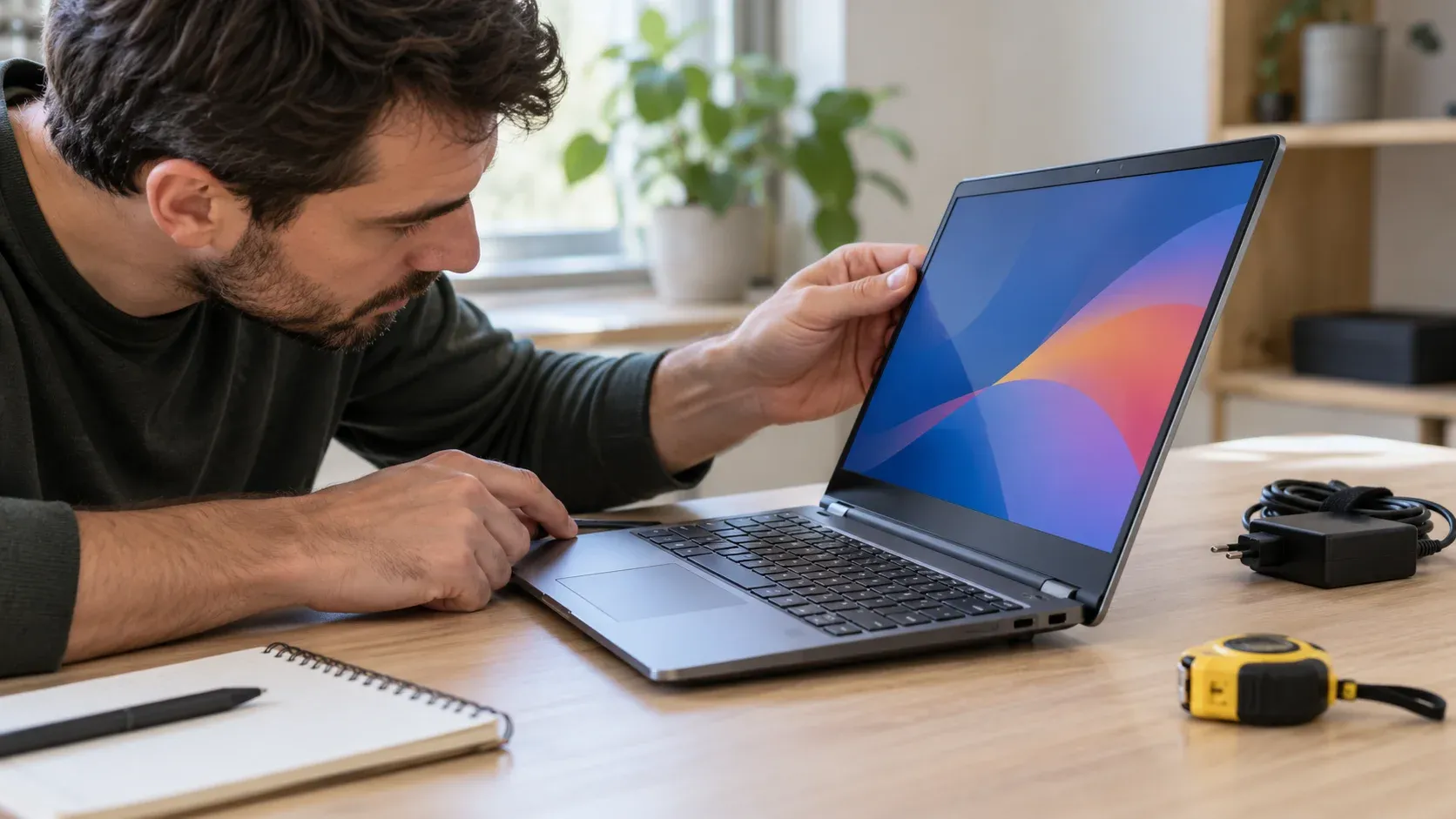 Cumpărător care verifică un laptop second hand înainte de achiziție
